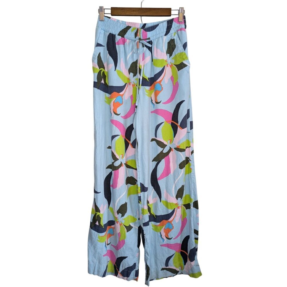A New Day Wide Leg Linen Pants Small Blue Floral Tropical Beach Resort Cruise